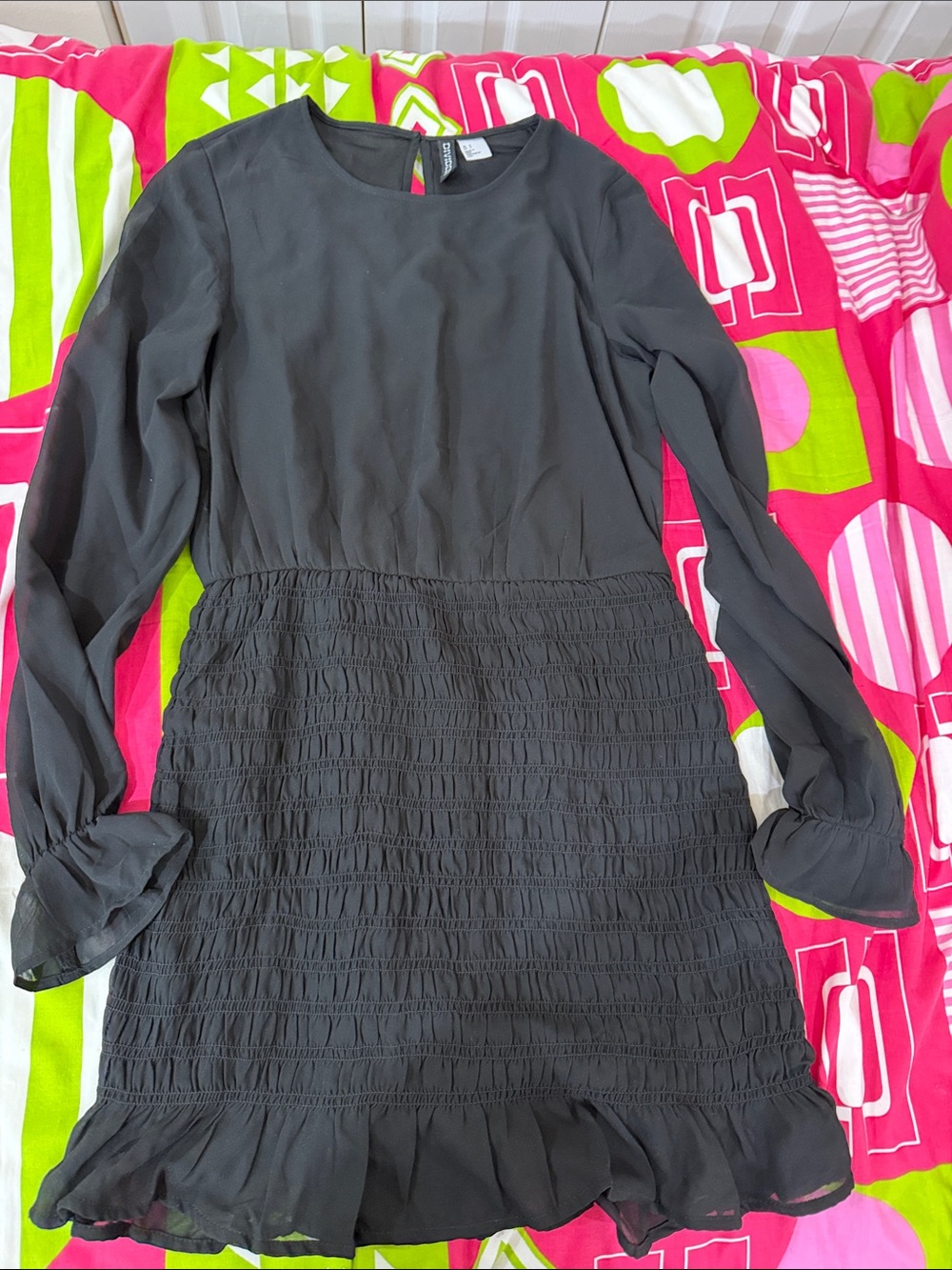 Long-Sleeve Black Smocked Skirt Dress